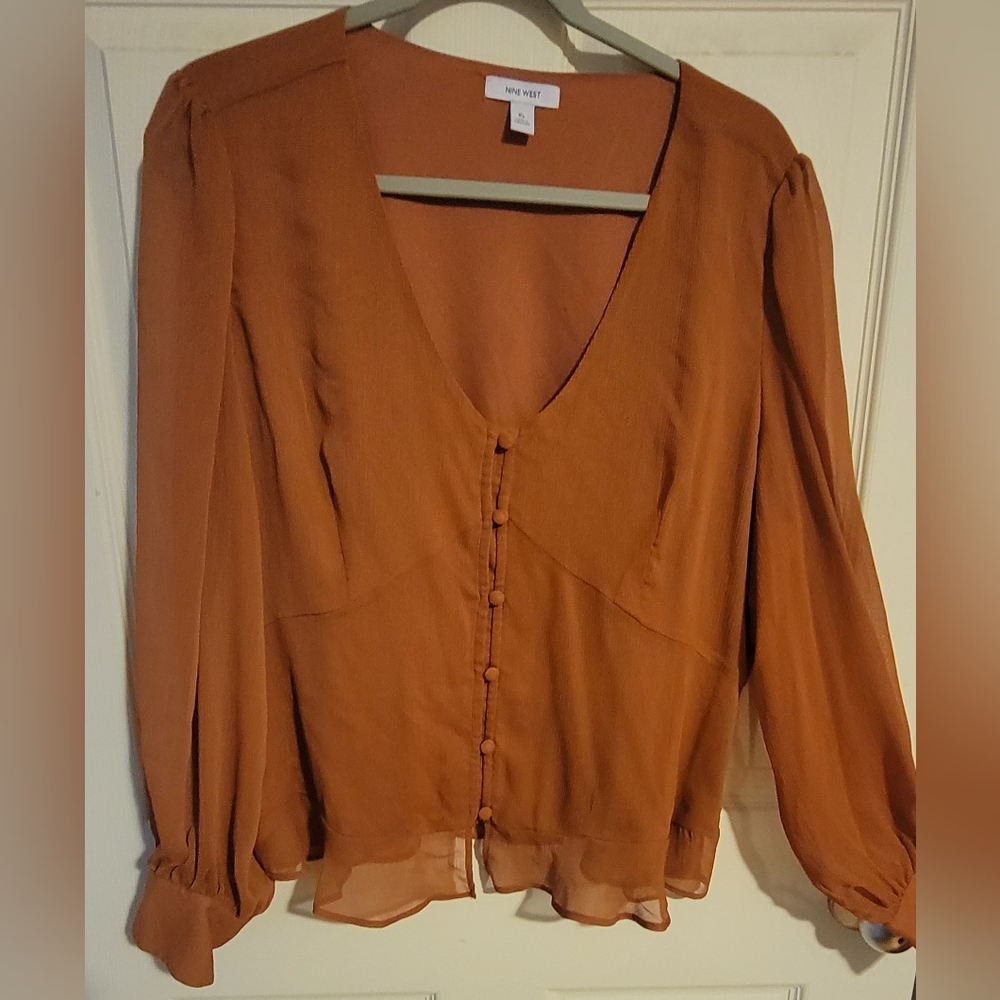 Nine West Terracotta Button-Down Blouse